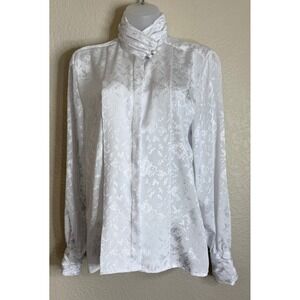 Tess Womens 6 Blouse White Floral Jacquard Mock Neck Ruched Long Sleeve Vintage
